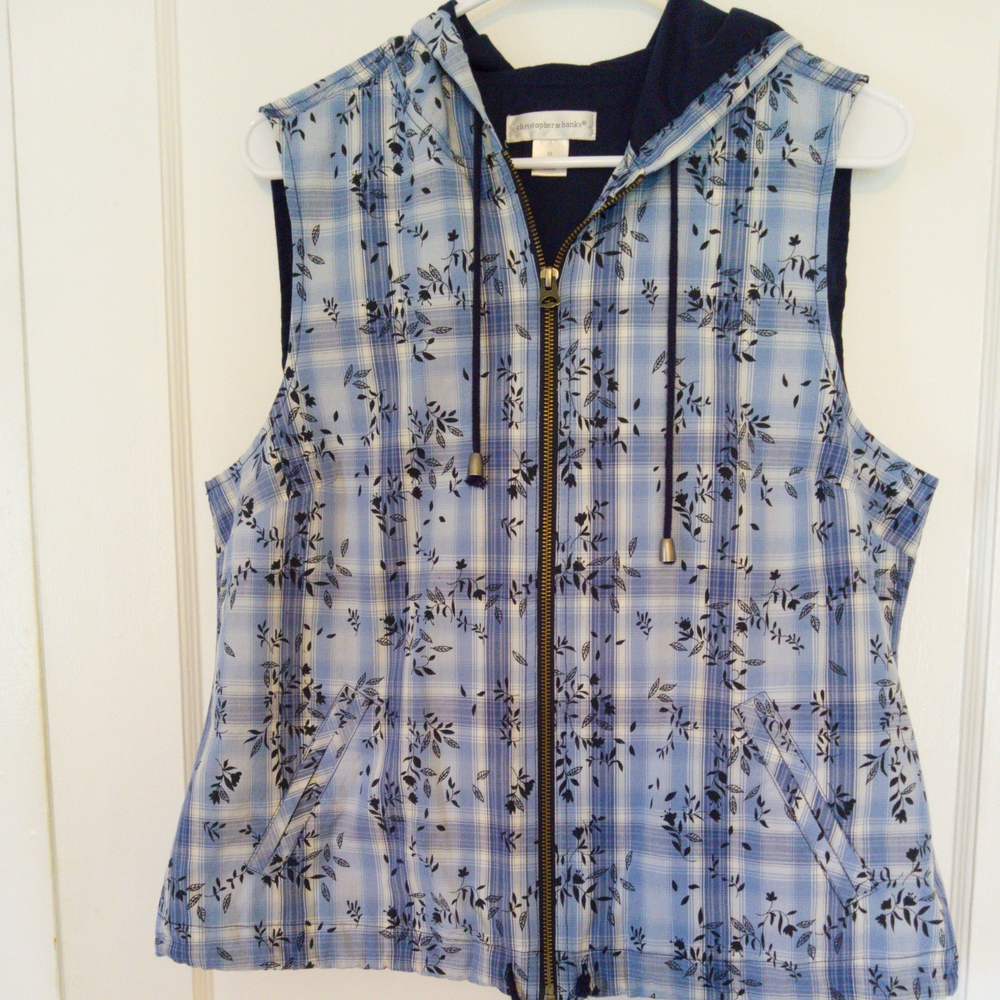 Christopher & Banks Hooded Vest with Blue and Black Floral Plaid